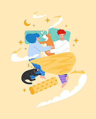 전신 여자 남자 반려견 두마리 일러스트 베개 안기 성인 두명 노란색 고양이 이불 잠 강아지 반려 성인만 반려묘 국내일러스트 AI파일 컬러 2 포유류 침구 모션 사람 반려동물 개 파일형식 벡터