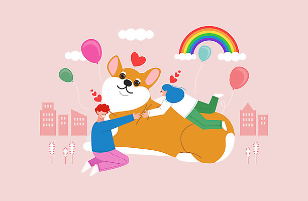 전신 여자 남자 분홍색 무지개 일러스트 안기 성인 두명 하트 강아지 큼 애정표현 풍선 반려 웰시코기 성인만 국내일러스트 AI파일 자연요소 모양 컬러 모션 사람 반려동물 표현 개 크기 파일형식 벡터