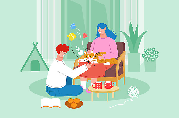 전신 한마리 여자 남자 거실 의자 일러스트 탁자 휴식 앉기 성인 두명 연두색 고양이 만지기 머그컵 털실 반려 성인만 반려묘 국내일러스트 AI파일 1 가구 컨셉 포유류 모션 사람 컵 초록색 반려동물 실 파일형식 벡터