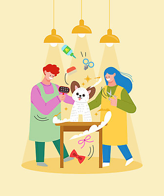 전신 여자 남자 리본 반려견 일러스트 탁자 조명 들기 성인 두명 노란색 앞치마 강아지 애견용품 미용가위 반려 애견미용 애견빗 성인만 국내일러스트 반려용품 AI파일 컬러 가구 모션 가위_도구 사람 반려동물 뷰티 미용용품 개 오브젝트 파일형식 벡터