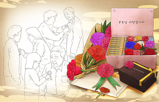 PSD 여자 기념일 노년 남자 꽃 어린이 백그라운드 돈 일러스트 가족 여러명 상반신 성인 선물상자 부모 자녀 어버이날 카네이션 감사 가정의달 효도 베이지색 국내일러스트 식물 감정 컬러 다수 컨셉 관계 선물 사람 이벤트 상자 재산 5월 파일형식