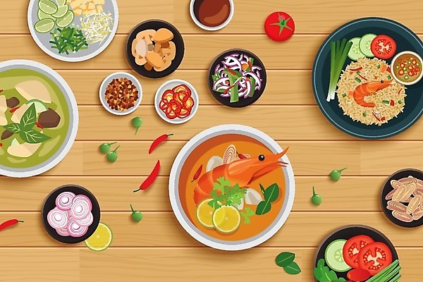 EPS 해외이미지 접시 토마토 일러스트 새우 요리 사람없음 세트 허브 메뉴 나무바닥 볶음밥 태국음식 해외일러스트 식물 식기 음식 채소 바닥 갑각류 동양음식 파일형식 벡터