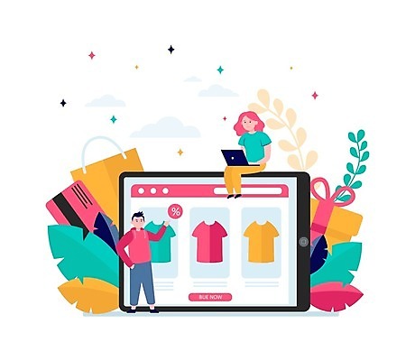 EPS 해외이미지 옷 여자 남자 일러스트 모바일 사람 앉기 성인 두명 노트북 쇼핑 태블릿 가리킴 온라인쇼핑 모바일쇼핑 성인만 해외일러스트 모션 손짓 전자제품 스마트기기 온라인 파일형식 벡터
