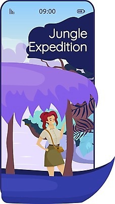 EPS 해외이미지 여자 여행 일러스트 모바일 한명 성인 스마트폰 탐험 보트 열대우림 원정 성인여자한명만 해외일러스트 1 배_교통 사람 핸드폰 스마트기기 숲 여자한명만 성인여자만 파일형식 벡터