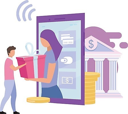 EPS 해외이미지 여자 남자 돈 일러스트 모바일 들기 성인 두명 금융 선물상자 스마트폰 디지털 서비스 주기 전자상거래 모바일뱅킹 성인만 해외일러스트 모션 선물 사람 경제 핸드폰 스마트기기 상자 재산 뱅킹 파일형식 벡터