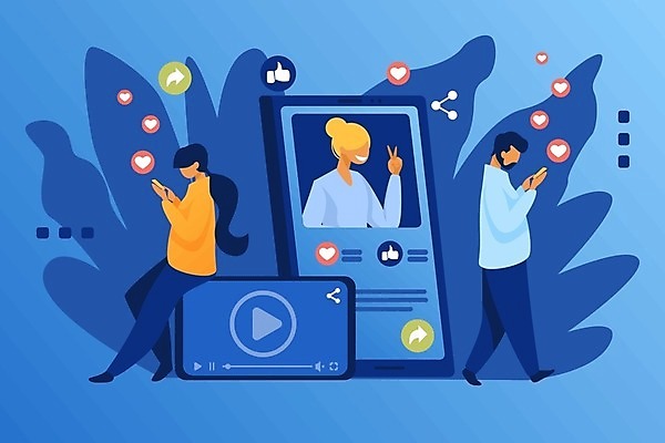 EPS 해외이미지 여자 남자 일러스트 통신 모바일 들기 사람 성인 세명 파란색 스마트폰 네트워크 소셜미디어 성인만 해외일러스트 컬러 모션 핸드폰 스마트기기 파일형식 벡터