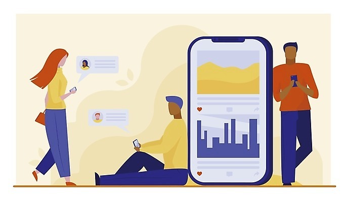 EPS 해외이미지 여자 남자 인터넷 일러스트 모바일 들기 사람 성인 세명 스마트폰 커뮤니티 온라인 소셜미디어 성인만 해외일러스트 모션 핸드폰 스마트기기 파일형식 벡터