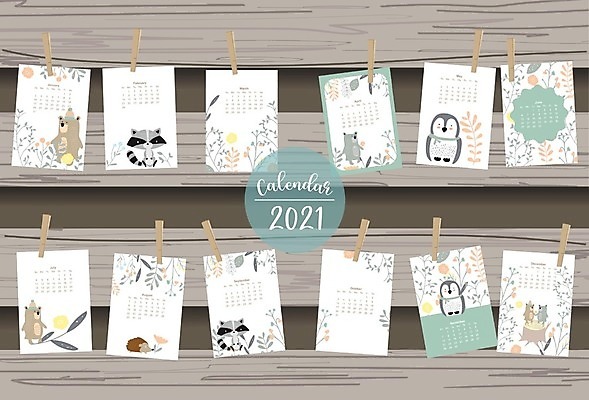 EPS 해외이미지 동물 꽃 백그라운드 패턴 일러스트 곰 나뭇잎 사람없음 달력 펭귄 파스텔톤 2021년 해외일러스트 식물 컬러 잎 무늬 포유류 조류 연도 파일형식 벡터