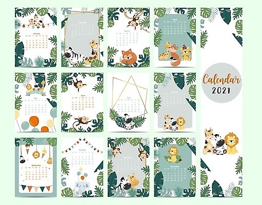EPS 해외이미지 동물 백그라운드 패턴 일러스트 나뭇잎 사람없음 초록색 다이어리 달력 사자 기린 사파리 여우 얼룩말 2021년 해외일러스트 컬러 잎 무늬 포유류 사무용품 말_동물 연도 파일형식 벡터