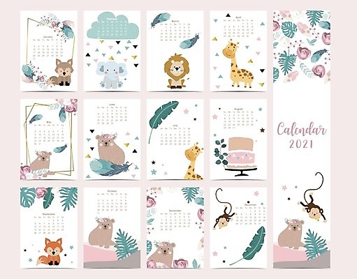 EPS 해외이미지 동물 꽃 백그라운드 패턴 일러스트 곰 나뭇잎 사람없음 달력 숲 기린 여우 얼룩말 파스텔톤 2021년 해외일러스트 식물 컬러 잎 무늬 포유류 말_동물 연도 파일형식 벡터