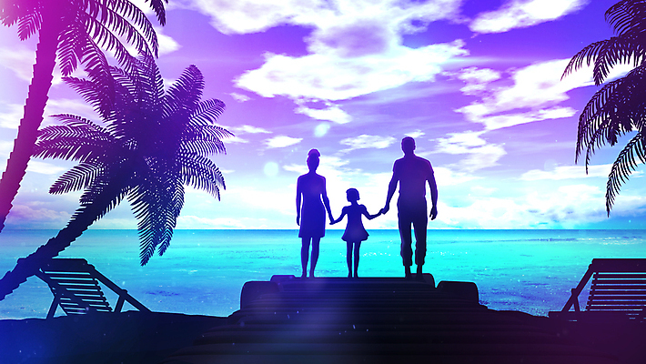 포토 JPG 해외이미지 여자 남자 실루엣 어린이 여행 가족 휴식 서기 성인 세명 야자수 햇빛 손잡기 선베드 해외202004 해외포토 나무 컨셉 의자 관계 모션 촬영기법 사람 태양 파일형식