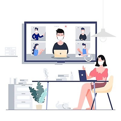 EPS 해외이미지 여자 남자 일러스트 비즈니스 모바일 마스크 사람 앉기 여러명 성인 노트북 스크린 비즈니스맨 비즈니스우먼 재택근무 화상통화 성인만 코로나바이러스 포스트코로나 온택트 델타변이바이러스 위드코로나 해외일러스트 다수 모션 전자제품 직장인 바이러스 사회이슈 통화 파일형식 벡터