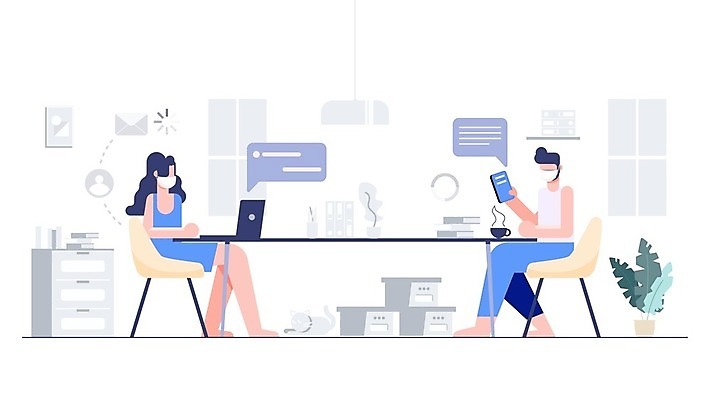 EPS 해외이미지 여자 남자 일러스트 비즈니스 집안 마스크 들기 사람 성인 두명 노트북 스마트폰 업무 재택근무 성인만 코로나바이러스 포스트코로나 델타변이바이러스 위드코로나 해외일러스트 모션 실내 전자제품 핸드폰 스마트기기 작업 바이러스 사회이슈 파일형식 벡터