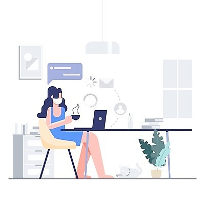 EPS 해외이미지 여자 일러스트 비즈니스 마스크 한명 들기 사람 앉기 성인 노트북 업무 재택근무 성인여자한명만 코로나바이러스 포스트코로나 위드코로나 해외일러스트 1 모션 전자제품 작업 바이러스 사회이슈 여자한명만 성인여자만 파일형식 벡터