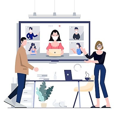 EPS 해외이미지 전신 여자 남자 인터넷 의자 일러스트 비즈니스 탁자 회의 모바일 마스크 서기 여러명 상반신 성인 노트북 모니터 화상통화 성인만 코로나바이러스 포스트코로나 언택트 온택트 랜선라이프 델타변이바이러스 위드코로나 해외일러스트 라이프스타일 가구 다수 모션 사람 전자제품 컴퓨터 바이러스 사회이슈 통화 파일형식 벡터