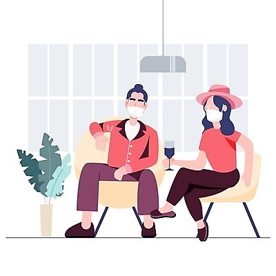 EPS 해외이미지 전신 라이프스타일 여자 남자 화분 와인잔 의자 일러스트 전등 마스크 들기 앉기 성인 두명 다리꼬기 성인만 코로나바이러스 포스트코로나 델타변이바이러스 위드코로나 해외일러스트 가구 술잔 모션 조명 사람 생활 바이러스 사회이슈 파일형식 벡터