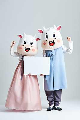 포토 JPG 스튜디오촬영 전신 배너 여자 명절 남자 40대 중년 새해 실내 서기 들기 20대 성인 두명 앞모습 설날 파이팅 한국인 소띠 소 한복 흰배경 소캐릭터 동물탈 인형탈 2021년 신축년 흰소 국내포토 한국전통 전통 기념일 뷰포인트 동물캐릭터 백그라운드 포유류 모션 사람 동양인 청년 내부 흰색 십이지신 전통의상 연도 탈 파일형식