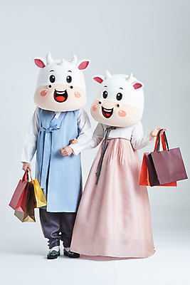 포토 JPG 스튜디오촬영 전신 여자 명절 남자 40대 중년 새해 실내 서기 들기 20대 성인 두명 앞모습 쇼핑 설날 쇼핑백 팔짱 한국인 소띠 소 한복 흰배경 소캐릭터 동물탈 인형탈 2021년 신축년 흰소 국내포토 한국전통 전통 기념일 뷰포인트 동물캐릭터 백그라운드 가방 포유류 모션 사람 동양인 청년 내부 흰색 십이지신 전통의상 연도 탈 파일형식