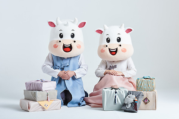 포토 JPG 스튜디오촬영 전신 여자 명절 남자 40대 중년 새해 실내 앉기 20대 성인 두명 앞모습 선물상자 설날 한국인 소띠 소 한복 흰배경 손모으기 소캐릭터 동물탈 인형탈 2021년 신축년 흰소 국내포토 한국전통 전통 기념일 뷰포인트 동물캐릭터 백그라운드 포유류 모션 선물 사람 동양인 손짓 청년 내부 상자 흰색 십이지신 전통의상 연도 탈 파일형식