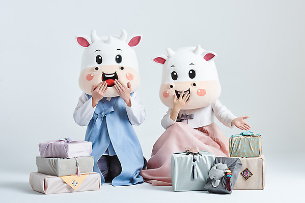 포토 JPG 스튜디오촬영 전신 여자 명절 남자 40대 중년 새해 실내 앉기 20대 성인 두명 앞모습 선물상자 설날 한국인 소띠 가리킴 소 한복 흰배경 입가림 소캐릭터 동물탈 인형탈 2021년 신축년 흰소 국내포토 한국전통 전통 기념일 뷰포인트 동물캐릭터 백그라운드 포유류 모션 선물 사람 동양인 손짓 청년 내부 상자 흰색 십이지신 가림 전통의상 연도 탈 파일형식