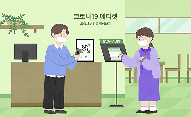 전신 PSD 여자 남자 일러스트 마스크 서기 들기 성인 두명 연두색 스마트폰 식당 기록 예절 QR코드 성인만 코로나바이러스 전자출입명부 출입명부 델타변이바이러스 국내일러스트 모션 사람 초록색 핸드폰 스마트기기 상점 바이러스 개인정보 파일형식