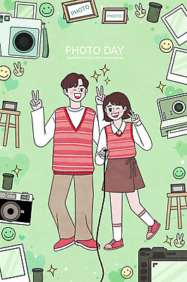 PSD 커플 여자 남자 액자 의자 일러스트 서기 들기 성인 두명 연두색 셀프카메라 브이 폴라로이드 폴라로이드사진 촬영장비 포토데이 필름통 성인만 셀프스튜디오 국내일러스트 가구 관계 모션 데이이벤트 스튜디오 사람 손짓 초록색 카메라 사진촬영 도구 필름 사진관 파일형식