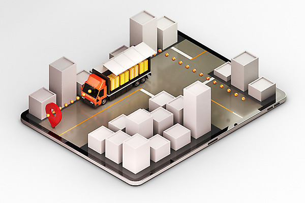 PSD 편집 편집이미지 도로 사람없음 건물 태블릿 3D 행선지 배송 디지털합성 화물트럭 택배상자 편집소스 편집3D 건축물 길 교통시설 전자제품 스마트기기 상자 트럭 택배 파일형식