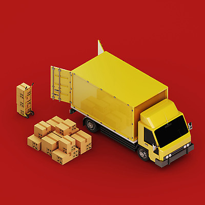 PSD 편집 편집이미지 사람없음 빨간색 노란색 3D 수레 디지털합성 화물트럭 택배상자 편집소스 편집3D 컬러 상자 카트 트럭 택배 파일형식