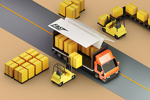 PSD 편집 편집이미지 도로 사람없음 3D 화물 배송 디지털합성 지게차 화물트럭 택배상자 편집소스 편집3D 길 교통시설 상자 트럭 운송업 중장비 택배 파일형식