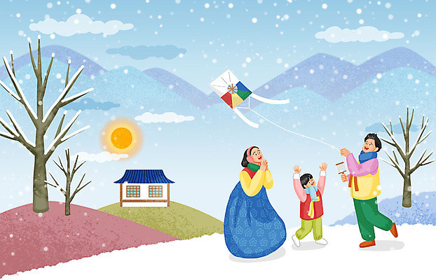 전신 PSD 나무 여자 남자 어린이 일러스트 가족 한옥 서기 들기 소년 성인 세명 설날 태양 만세 한복 연 연날리기 눈내림 국내일러스트 자연요소 식물 한국전통 명절 고건축 관계 모션 눈_날씨 사람 놀이용품 전통놀이 전통의상 파일형식