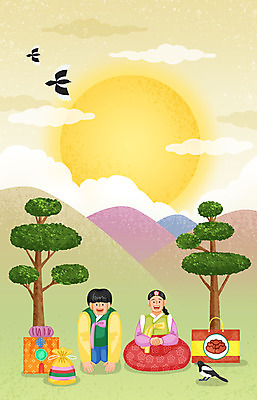 전신 PSD 여자 남자 어린이 일러스트 가족 세마리 소녀 소년 두명 설날 태양 소나무 절 한복 세배 까치 어린이만 설선물 국내일러스트 자연요소 나무 한국전통 명절 관계 조류 3 사람 인사 절_인사 전통의상 파일형식 명절선물