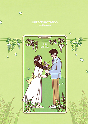 전신 PSD 부부 여자 남자 꽃잎 꽃 부케 결혼 일러스트 모바일 서기 들기 성인 두명 연두색 스마트폰 마주보기 신랑신부 성인만 언택트 국내일러스트 식물 커플 신부_웨딩 꽃다발 신랑 모션 사람 이벤트 초록색 핸드폰 스마트기기 파일형식