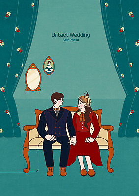 전신 PSD 부부 여자 남자 액자 결혼 의자 일러스트 모바일 앉기 성인 두명 마주보기 손잡기 커튼 복고 청록색 신랑신부 성인만 셀프웨딩 비대면서비스 언택트 국내일러스트 커플 신부_웨딩 컬러 가구 신랑 모션 사람 이벤트 서비스 파일형식 웨딩촬영