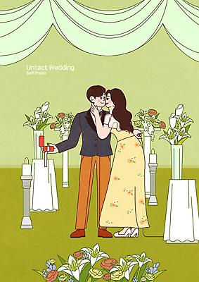 전신 PSD 부부 여자 남자 꽃 화분 결혼 일러스트 모바일 키스 서기 들기 성인 두명 연두색 반지케이스 웨딩테이블 신랑신부 야외결혼 성인만 셀프웨딩 언택트 국내일러스트 식물 커플 신부_웨딩 신랑 모션 탁자 사람 이벤트 초록색 애정표현 보관함 파일형식 웨딩촬영
