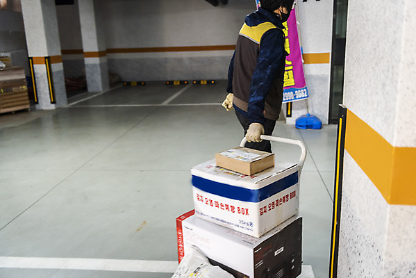 포토 JPG 주간 남자 실내 한명 상반신 성인 뒷모습 30대 걷기 수레 한국인 택배기사 배송 택배 주차장 택배상자 수레끌기 성인남자한명만 국내포토 자연요소 1 뷰포인트 모션 사람 동양인 내부 장년 상자 카트 운송업 당기기 배달원 남자한명만 성인남자만 파일형식