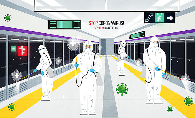 전신 PSD 남자 일러스트 들기 여러명 성인 바이러스 전철 뿌리기 사회이슈 전철역 방역 소독 성인남자만 코로나바이러스 방역복 방역사 방역기 델타변이바이러스 국내일러스트 직업 옷 육상교통 다수 컨셉 모션 대중교통 사람 역 남자만 성인만 파일형식