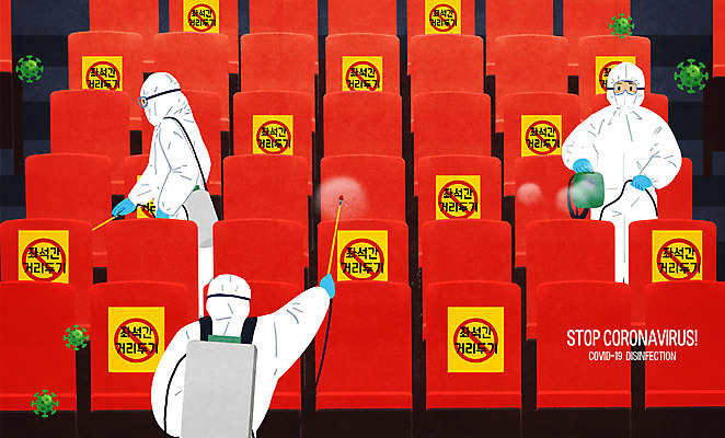 PSD 남자 의자 일러스트 들기 상반신 성인 세명 바이러스 영화관 뿌리기 사회이슈 방역 소독 성인남자만 방역복 방역사 사회적거리두기 방역기 델타변이바이러스 국내일러스트 직업 옷 캠페인 가구 컨셉 모션 사람 극장 남자만 성인만 파일형식