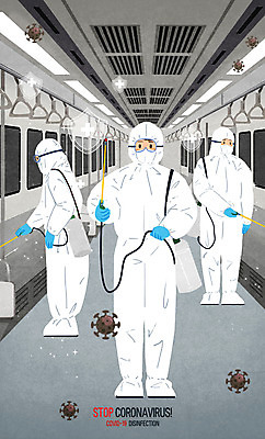 전신 PSD 남자 일러스트 서기 들기 성인 세명 회색 바이러스 전철 뿌리기 사회이슈 방역 소독 성인남자만 코로나바이러스 방역복 방역사 방역기 델타변이바이러스 국내일러스트 직업 옷 육상교통 컬러 컨셉 모션 대중교통 사람 남자만 성인만 파일형식