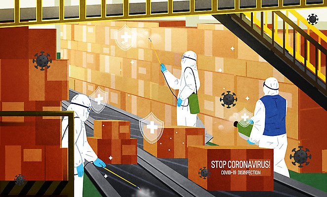 PSD 남자 일러스트 들기 상반신 성인 세명 바이러스 뿌리기 사회이슈 택배상자 물류창고 방역 소독 컨베어밸트 성인남자만 코로나바이러스 방역복 방역사 방역기 델타변이바이러스 재고 국내일러스트 직업 옷 컨셉 모션 사람 상자 기계 상품 창고 택배 남자만 성인만 파일형식