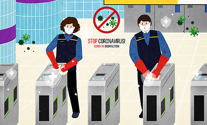 전신 PSD 여자 남자 일러스트 마스크 성인 두명 바이러스 전철 사회이슈 고무장갑 닦기 개찰구 방역 소독 역무원 성인만 코로나바이러스 델타변이바이러스 국내일러스트 직업 육상교통 장갑 컨셉 모션 대중교통 사람 고무 파일형식