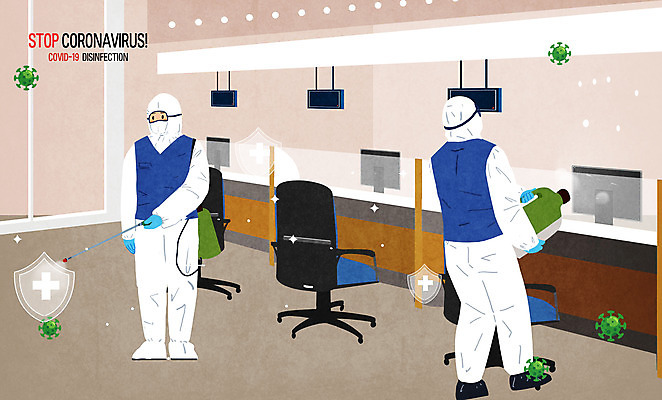 전신 PSD 남자 의자 일러스트 서기 들기 성인 두명 모니터 바이러스 뿌리기 사회이슈 은행 방역 소독 성인남자만 코로나바이러스 방역복 방역사 방역기 델타변이바이러스 국내일러스트 직업 옷 가구 컨셉 모션 사람 금융 컴퓨터 남자만 성인만 파일형식