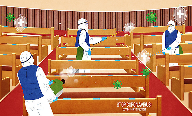 PSD 남자 일러스트 들기 상반신 성인 세명 교회 바이러스 뿌리기 사회이슈 장의자 방역 소독 성인남자만 코로나바이러스 방역복 방역사 방역기 델타변이바이러스 국내일러스트 직업 옷 컨셉 의자 종교건축 모션 사람 건물 남자만 성인만 파일형식