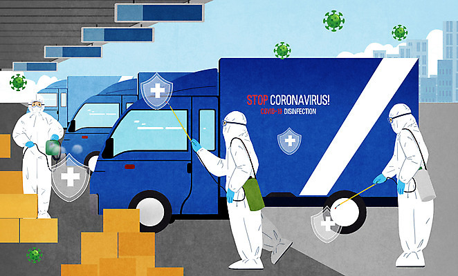 전신 PSD 남자 일러스트 서기 들기 성인 세명 트럭 바이러스 뿌리기 사회이슈 택배상자 방역 소독 성인남자만 코로나바이러스 방역복 방역사 물류센터 방역기 델타변이바이러스 탑차 국내일러스트 직업 옷 컨셉 모션 자동차 사람 상자 택배 남자만 성인만 파일형식