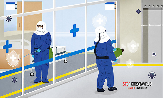 전신 PSD 남자 일러스트 병원 서기 들기 성인 두명 바이러스 엘리베이터 뿌리기 사회이슈 방역 병원침대 소독 성인남자만 코로나바이러스 방역복 방역사 방역기 델타변이바이러스 국내일러스트 직업 옷 컨셉 의학 모션 사람 침대 남자만 성인만 파일형식