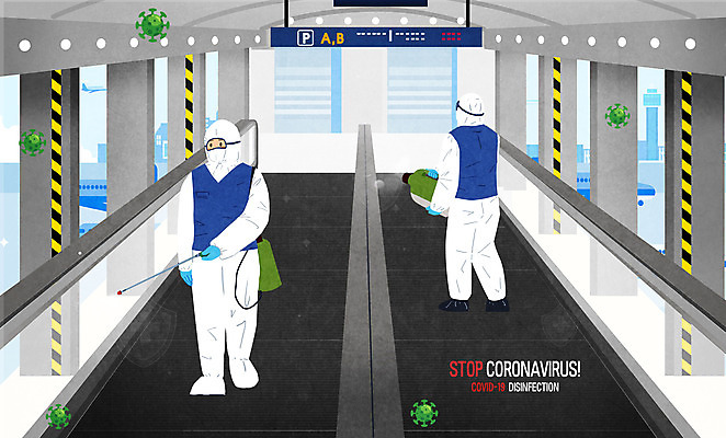 전신 PSD 남자 일러스트 서기 들기 성인 두명 바이러스 공항 뿌리기 사회이슈 무빙워크 방역 소독 성인남자만 코로나바이러스 방역복 방역사 방역기 델타변이바이러스 국내일러스트 직업 옷 컨셉 교통시설 모션 사람 남자만 성인만 파일형식