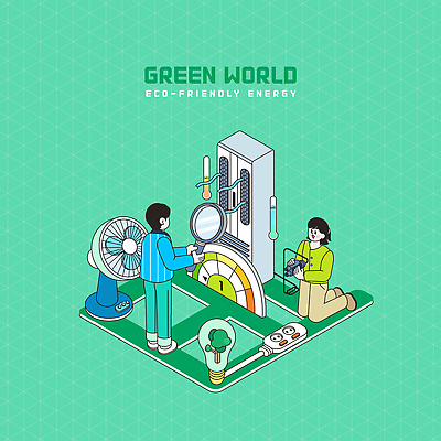 전신 PSD 여자 남자 일러스트 전구 돋보기 서기 들기 성인 두명 초록색 자연보호 그린캠페인 선풍기 플러그 전기에너지 무릎꿇기 에어컨 친환경 에너지효율 성인만 국내일러스트 에너지의날 기념일 캠페인 컬러 모션 자연 사람 환경 가전제품 에너지 보호 파일형식