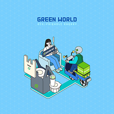 전신 PSD 여자 남자 하늘색 일러스트 비닐봉투 들기 앉기 성인 두명 자연보호 그린캠페인 운전 오토바이 배달원 일회용 배송 친환경 일회용접시 재생봉투 성인만 제로웨이스트 국내일러스트 직업 접시 캠페인 모션 자연 봉투 사람 파란색 환경 바이크 보호 사회이슈 파일형식