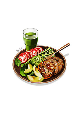 PSD 접시 음료 포크 토마토 일러스트 스테이크 사람없음 브로콜리 채식 샐러리 아보카도 나무포크 녹즙 콩고기 비건음식 국내일러스트 식기 음식 채소 과일 서양음식 즙 파일형식 베지푸드 비건