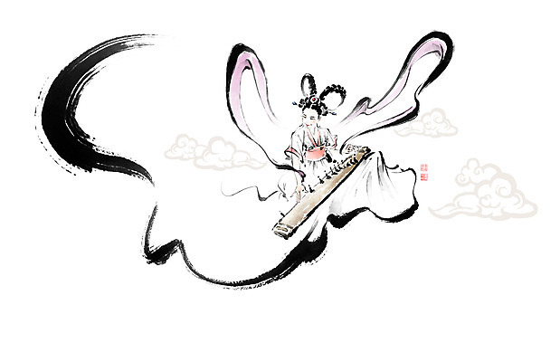 PSD 여자 연주 일러스트 캘리그라피 붓터치 한명 성인 도장 동양화 번짐 낙관 가야금 선녀 날개옷 신선도 성인여자한명만 국내일러스트 1 옷 음악 현악기 국악기 미술 사람 여자한명만 성인여자만 파일형식 효과