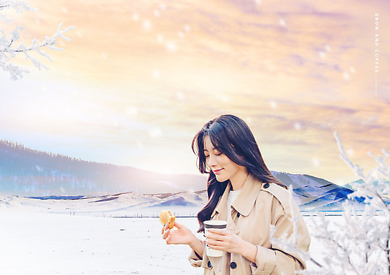 PSD 편집이미지 여자 커피 설경 샌드위치 한명 미소 들기 상반신 20대 성인 옆모습 컬러풀 노을 한국인 눈 성인여자한명만 이미지편집 자연요소 1 음료 음식 뷰포인트 컬러 겨울 모션 날씨 표정 사람 동양인 풍경 청년 여자한명만 성인여자만 파일형식